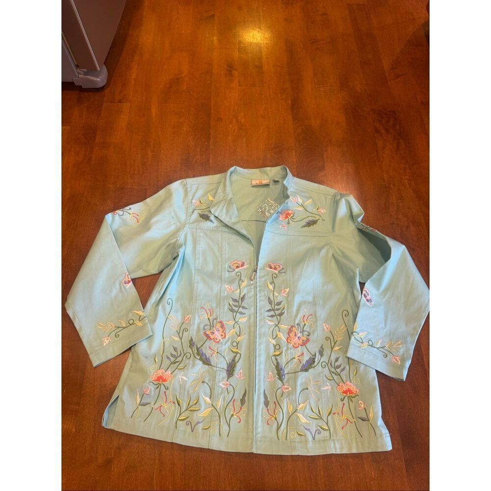 VTG Quacker Factory Jacket Women M NWT Embroidered Butterfly Floral Zip Blue Seq